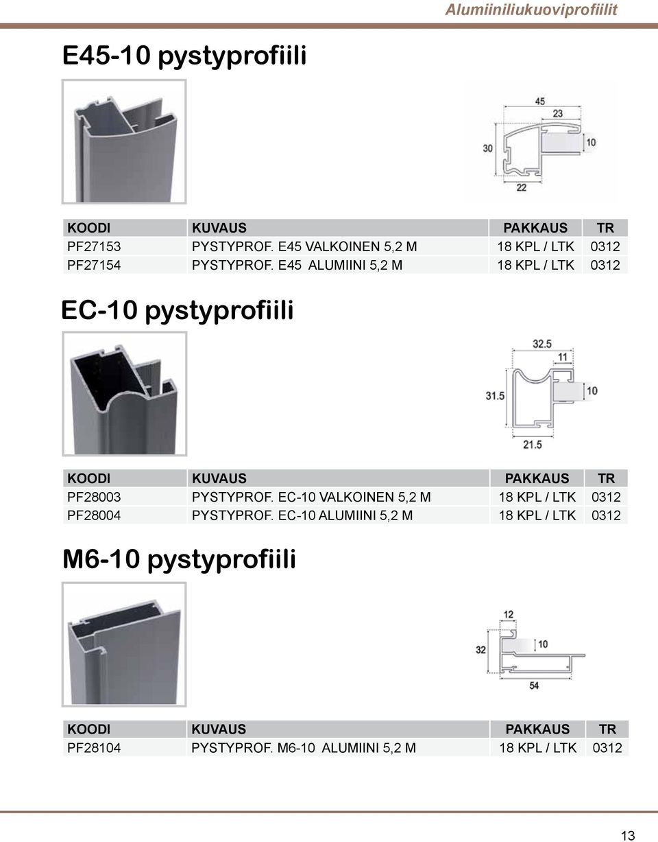 E45 ALUMIINI 5,2 M 18 KPL / LTK 0312 EC-10 pystyprofiili PF28003 PYSTYPROF.