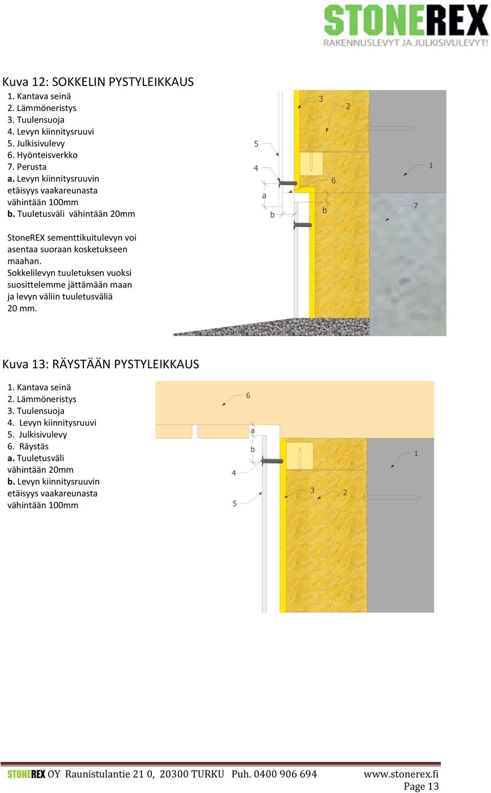 Tuuletusväli vähintään 20mm StoneREX sementtikuitulevyn voi asentaa suoraan kosketukseen maahan.