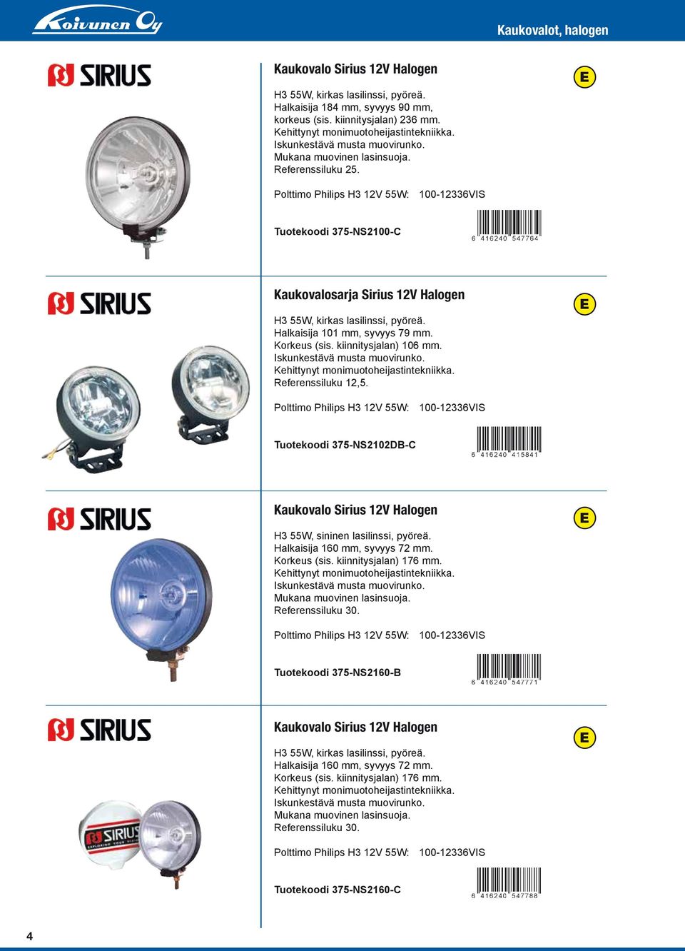 Polttimo Philips H3 12V 55W: 100-12336VIS Tuotekoodi 375-NS2100-C Kaukovalosarja Sirius 12V Halogen H3 55W, kirkas lasilinssi, pyöreä. Halkaisija 101 mm, syvyys 79 mm. Korkeus (sis.