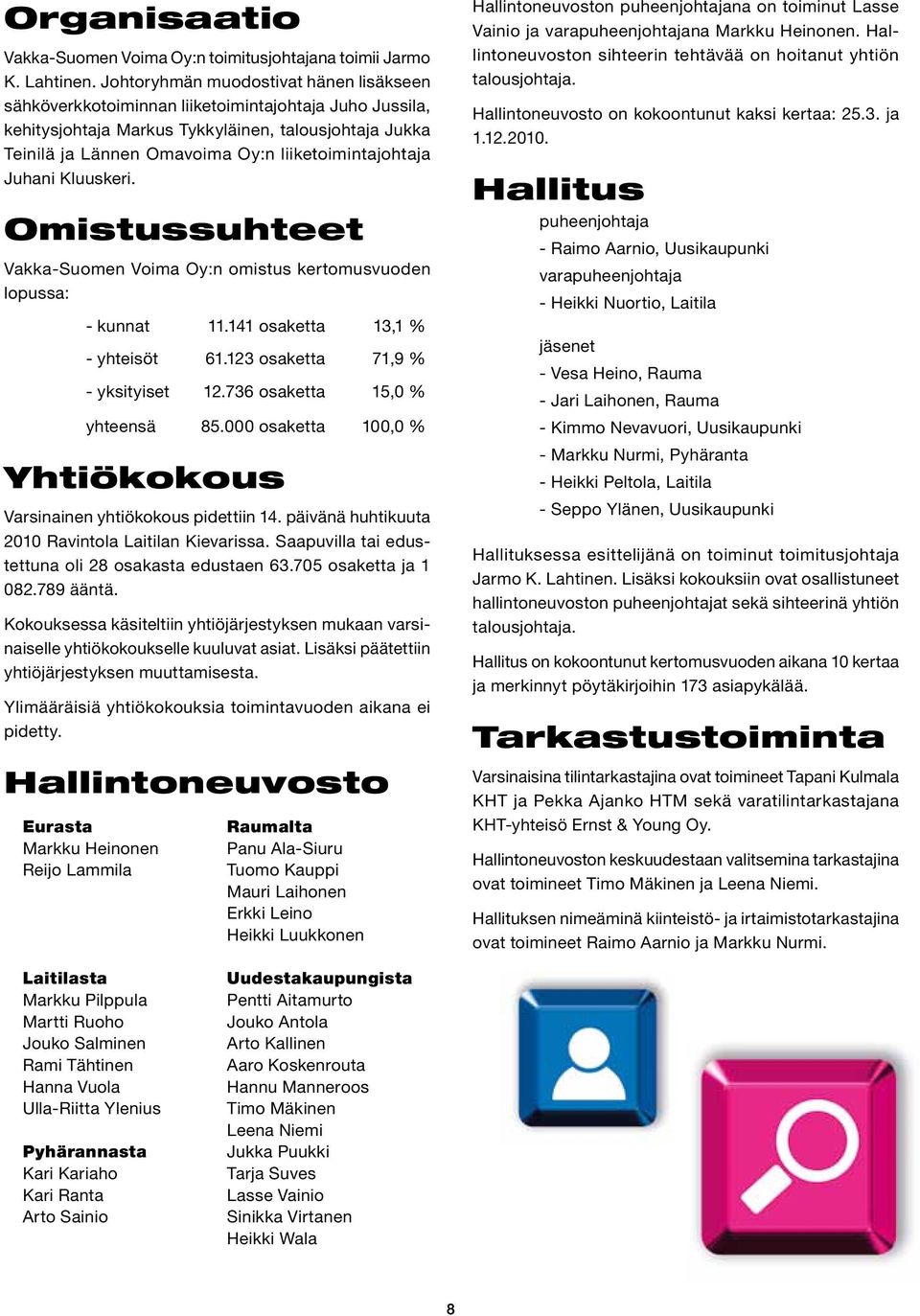 liiketoimintajohtaja Juhani Kluuskeri. Omistussuhteet Vakka-Suomen Voima Oy:n omistus kertomusvuoden lopussa: - kunnat 11.141 osaketta 13,1 % - yhteisöt 61.123 osaketta 71,9 % - yksityiset 12.