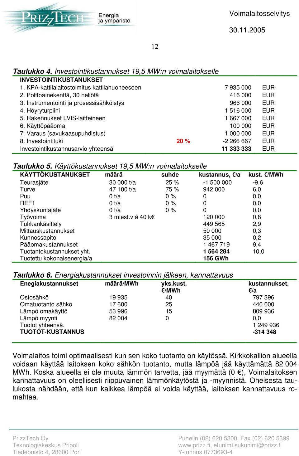 Varaus (savukaasupuhdistus) 1 000 000 EUR 8. Investointituki 20 % 2 266 667 EUR Investointikustannusarvio yhteensä 11 333 333 EUR Taulukko 5.