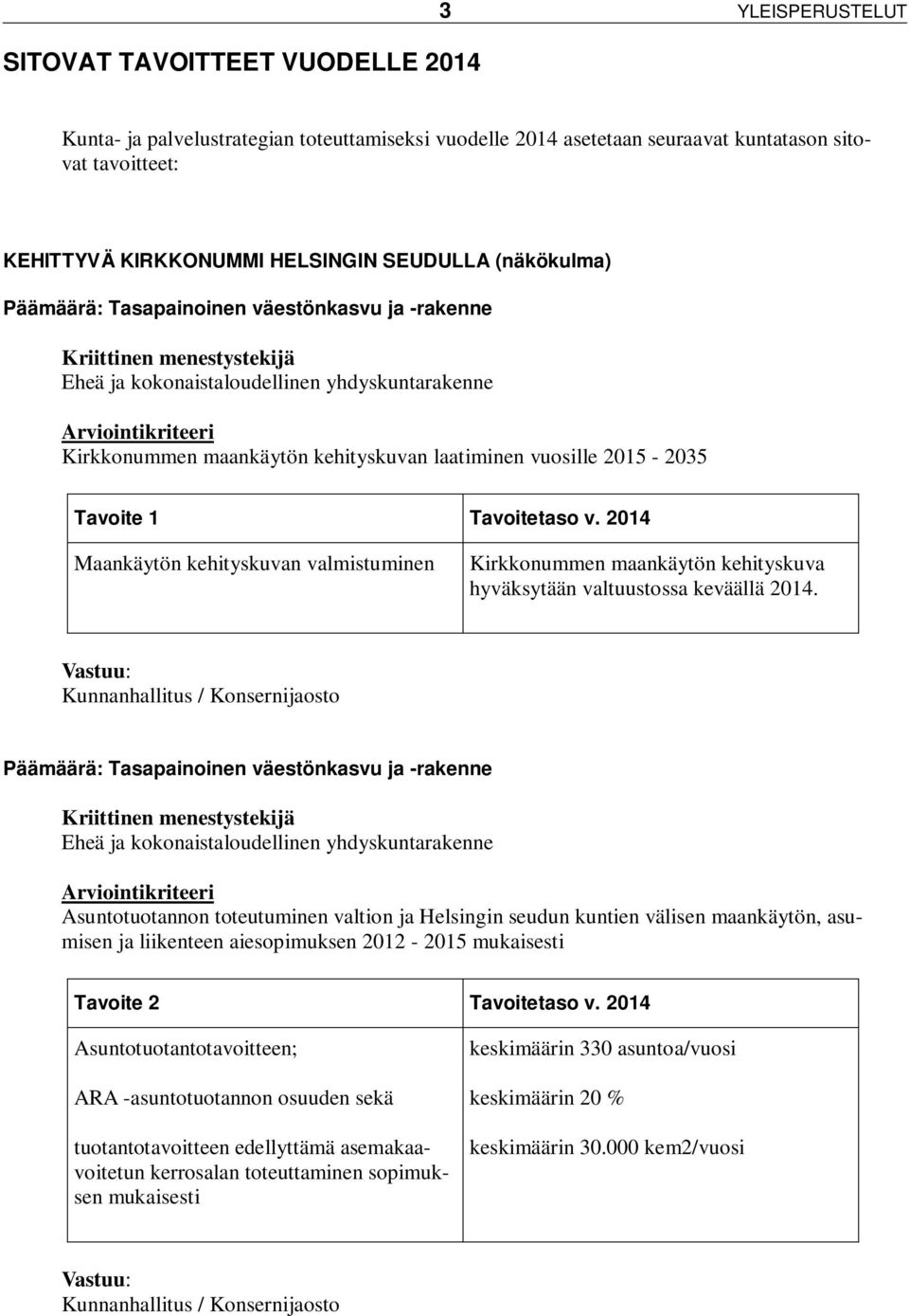 laatiminen vuosille 2015-2035 Tavoite 1 Tavoitetaso v. 2014 Maankäytön kehityskuvan valmistuminen Kirkkonummen maankäytön kehityskuva hyväksytään valtuustossa keväällä 2014.