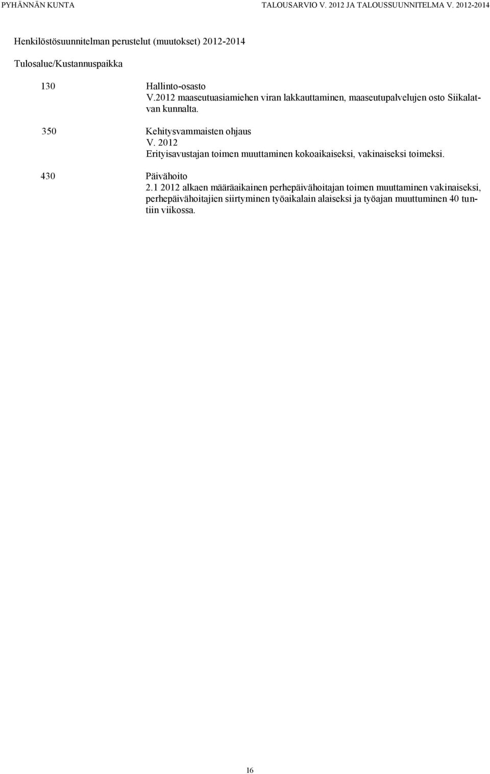 2012 Erityisavustajan toimen muuttaminen kokoaikaiseksi, vakinaiseksi toimeksi. 430 Päivähoito 2.