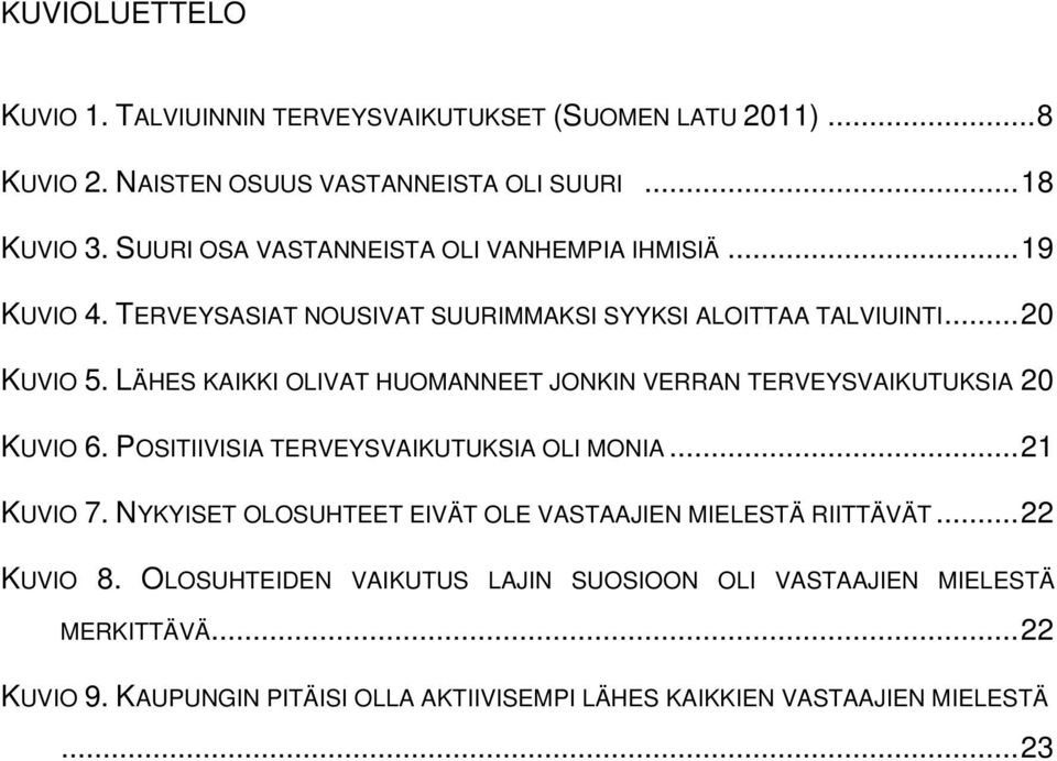 LÄHES KAIKKI OLIVAT HUOMANNEET JONKIN VERRAN TERVEYSVAIKUTUKSIA 20 KUVIO 6. POSITIIVISIA TERVEYSVAIKUTUKSIA OLI MONIA... 21 KUVIO 7.