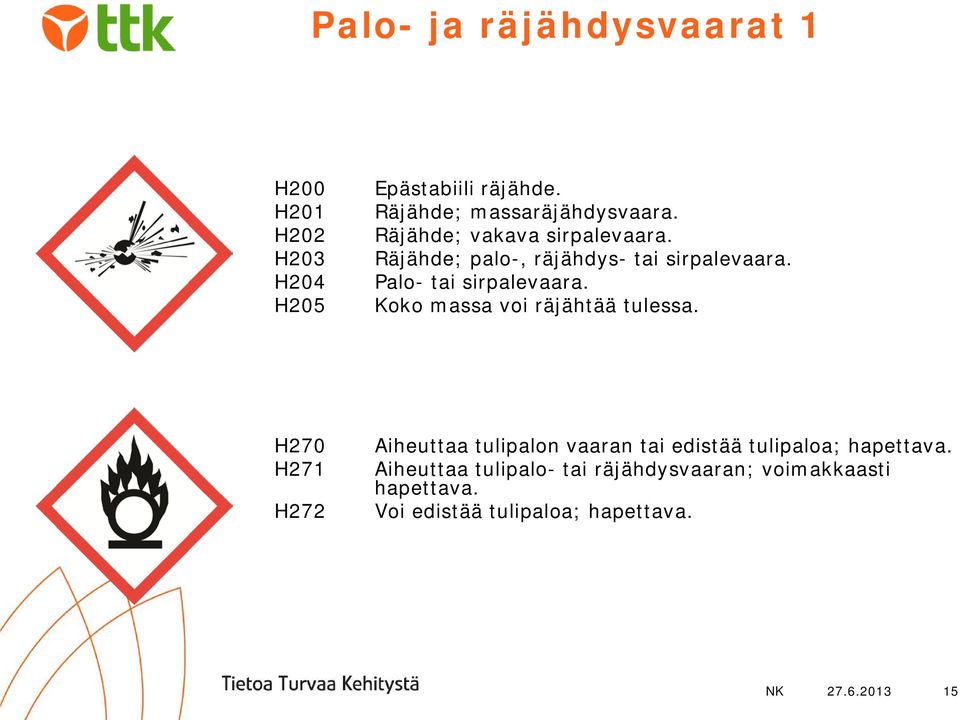 Palo- tai sirpalevaara. Koko massa voi räjähtää tulessa.