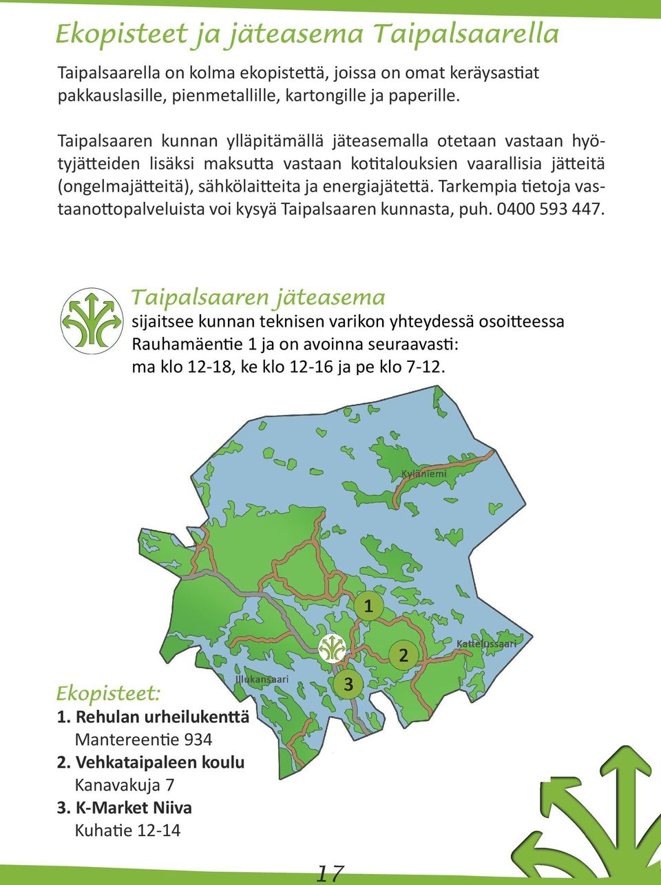 sähkölaitteita ja energiajätettä. Tarkempia tietoja vastaanottopalveluista voi kysyä Taipalsaaren kunnasta, puh. 0400 593 447.