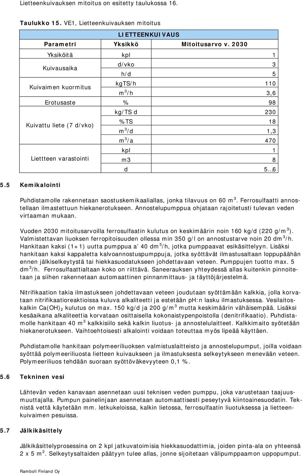 5 Kemikalointi kg/ts d 230 %TS 18 m 3 /d 1,3 m 3 /a 470 kpl 1 m3 8 d 5 6 Puhdistamolle rakennetaan saostuskemikaaliallas, jonka tilavuus on 60 m 3.