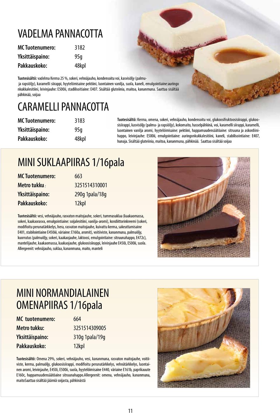 Saattaa sisältää pähkinää, soijaa CARAMELLI PANNACOTTA MC Tuotenumero: 3183 95g 48kpl MINI SUKLAAPIIRAS 1/16pala MC Tuotenumero: 663 Metro tukku : 3251514310001 290g 1pala/18g 12kpl Tuotesisältö: