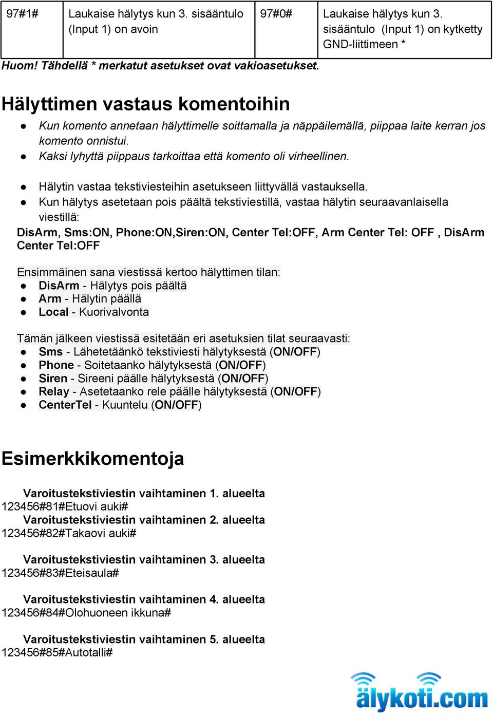 Kaksi lyhyttä piippaus tarkoittaa että komento oli virheellinen. Hälytin vastaa tekstiviesteihin asetukseen liittyvällä vastauksella.