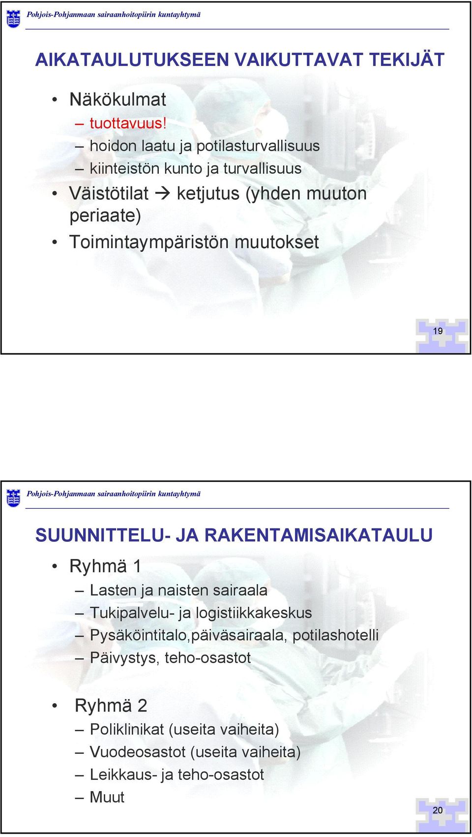 Toimintaympäristön muutokset 19 SUUNNITTELU- JA RAKENTAMISAIKATAULU Ryhmä 1 Lasten ja naisten sairaala Tukipalvelu- ja