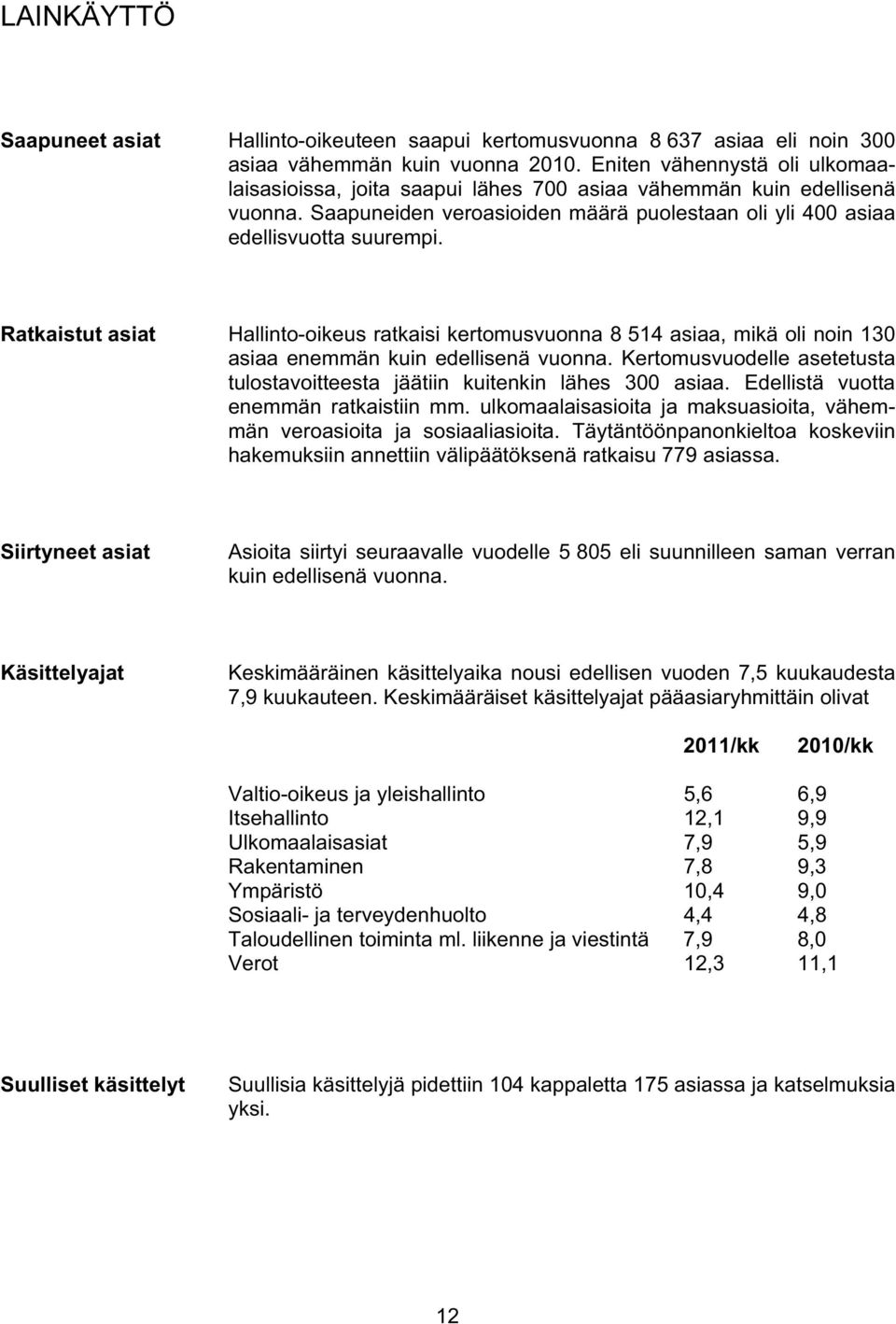 Ratkaistut asiat Hallinto-oikeus ratkaisi kertomusvuonna 8 514 asiaa, mikä oli noin 130 asiaa enemmän kuin edellisenä vuonna.