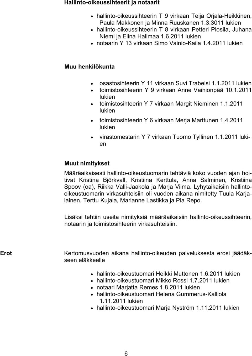 2011 lukien Muu henkilökunta osastosihteerin Y 11 virkaan Suvi Trabelsi 1.1.2011 lukien toimistosihteerin Y 9 virkaan Anne Vainionpää 10.1.2011 lukien toimistosihteerin Y 7 virkaan Margit Nieminen 1.