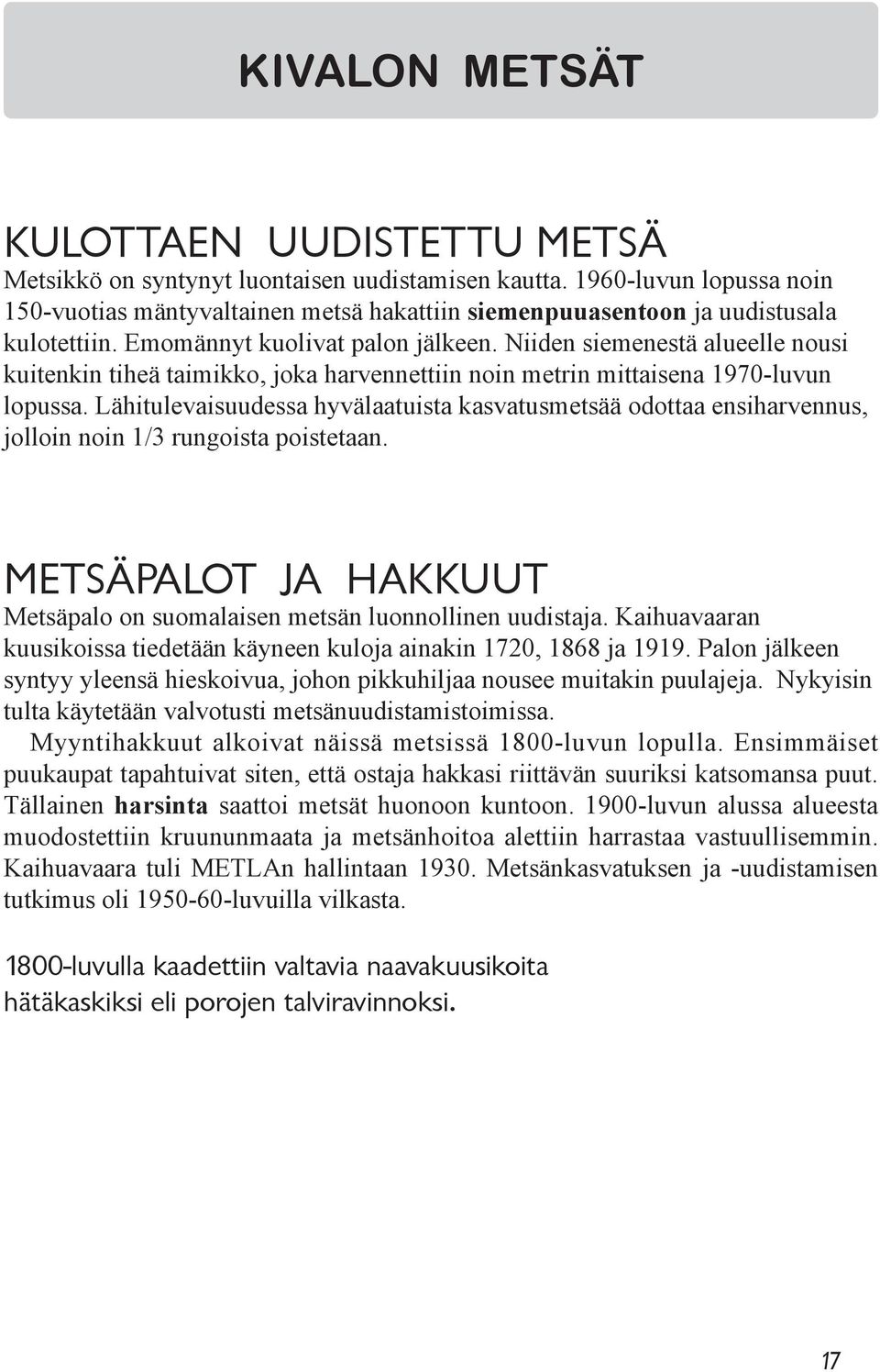 Niiden siemenestä alueelle nousi kuitenkin tiheä taimikko, joka harvennettiin noin metrin mittaisena 1970-luvun lopussa.