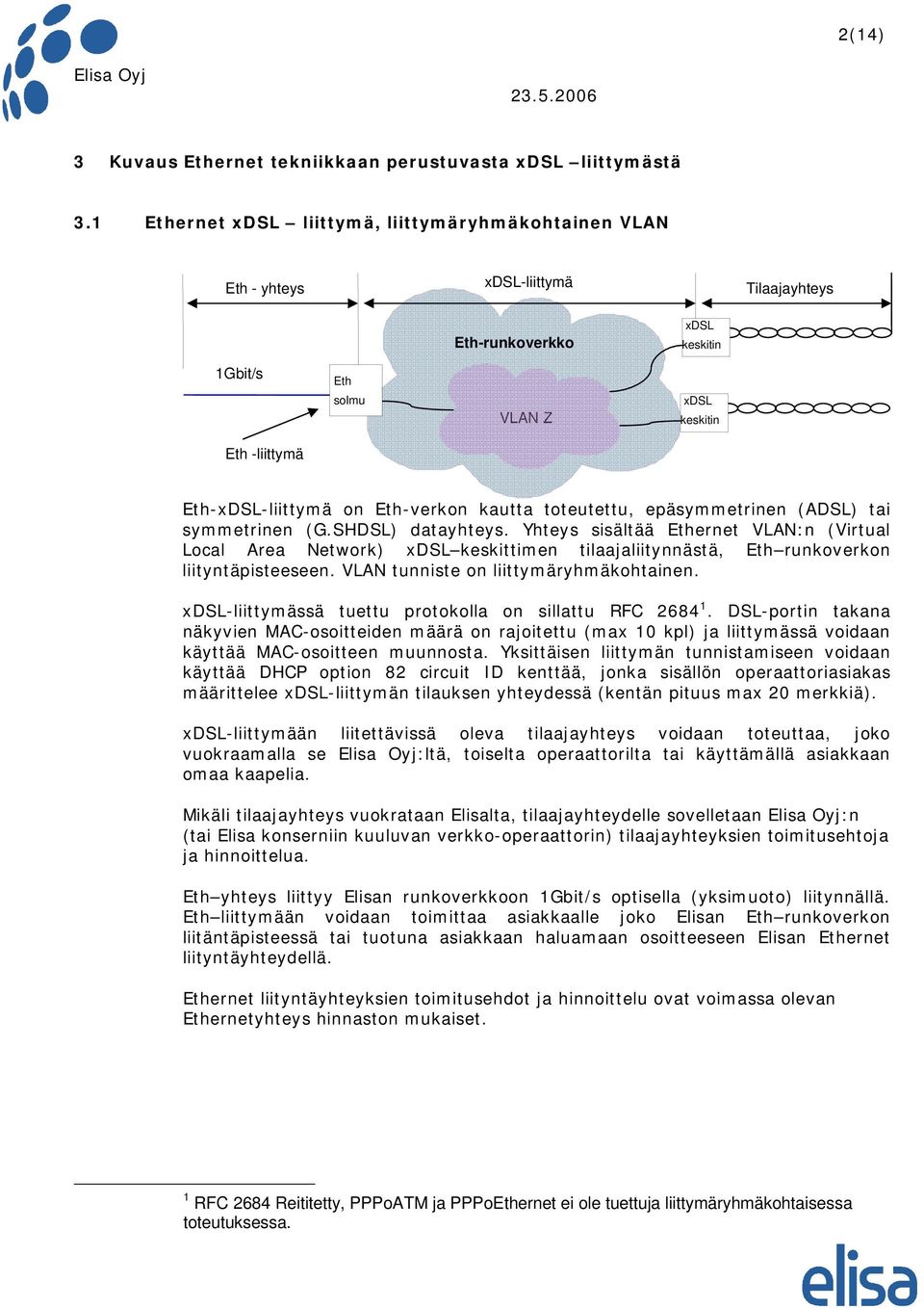 Eth-verkon kautta toteutettu, epäsymmetrinen (ADSL) tai symmetrinen (G.SHDSL) datayhteys.