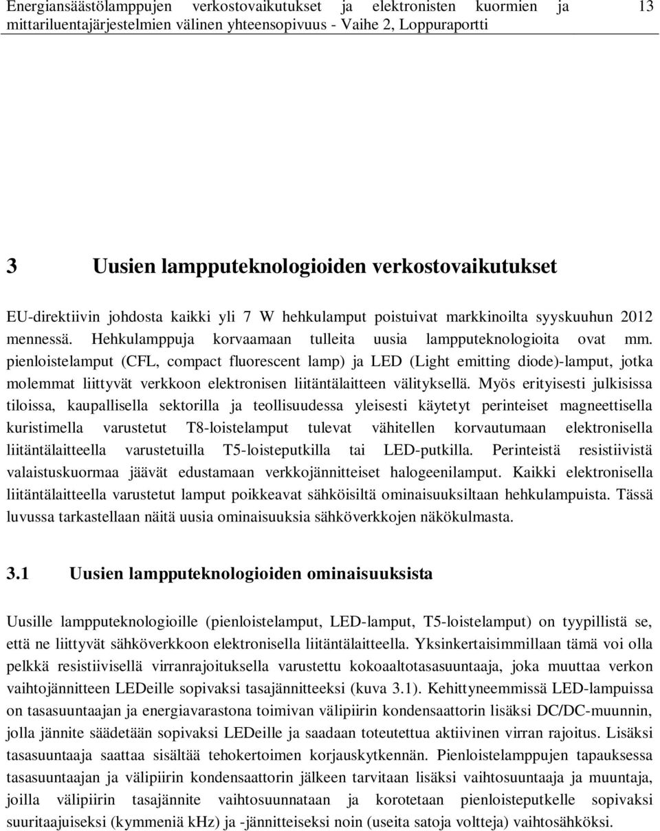 pienloistelamput (CFL, compact fluorescent lamp) ja LED (Light emitting diode)-lamput, jotka molemmat liittyvät verkkoon elektronisen liitäntälaitteen välityksellä.