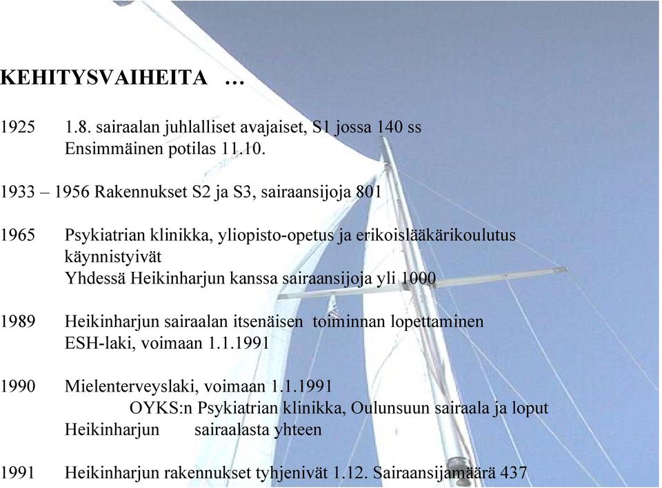 Heikinharjun kanssa sairaansijoja yli 1000 1989 Heikinharjun sairaalan itsenäisen toiminnan lopettaminen ESH-laki, voimaan 1.1.1991 1990 Mielenterveyslaki, voimaan 1.