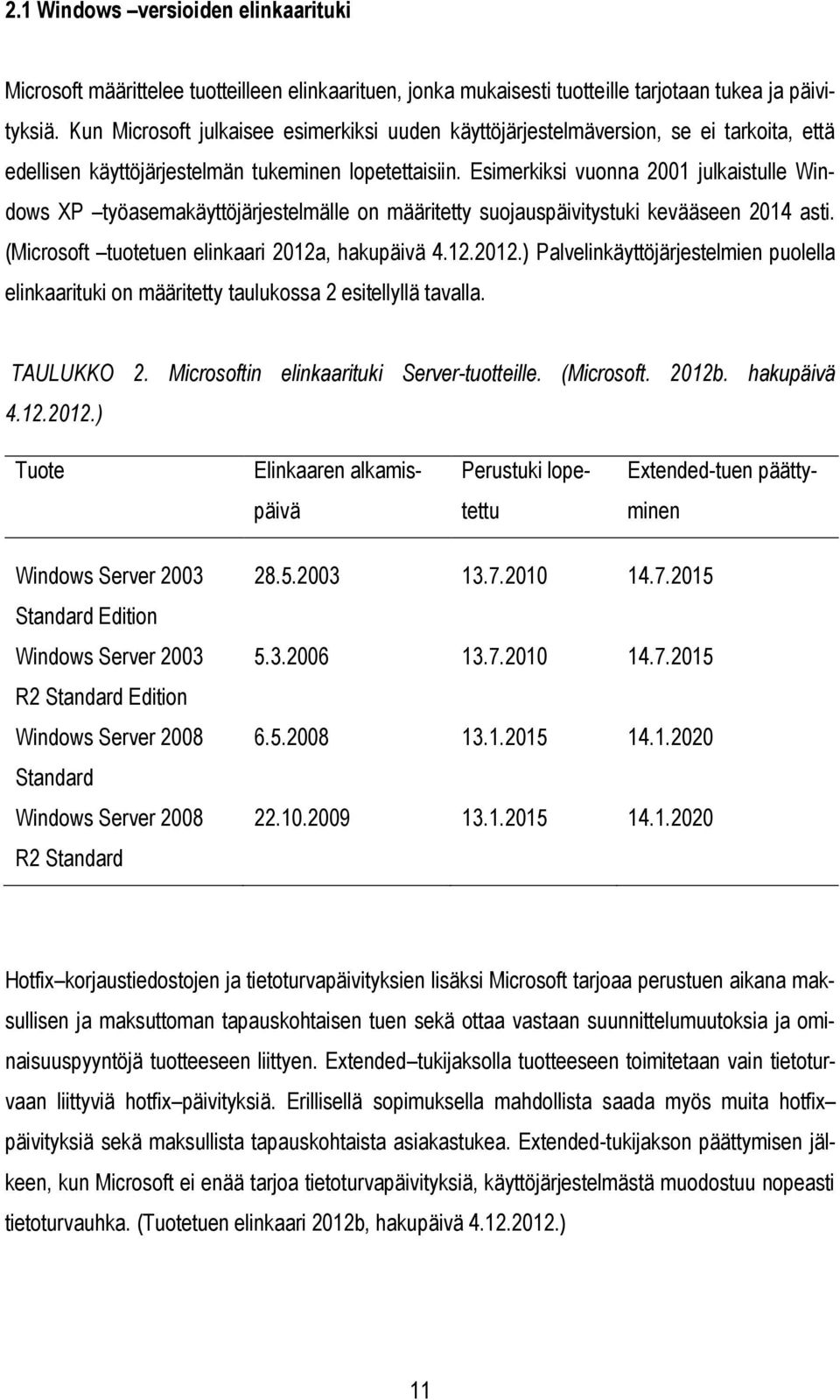 Esimerkiksi vuonna 2001 julkaistulle Windows XP työasemakäyttöjärjestelmälle on määritetty suojauspäivitystuki kevääseen 2014 asti. (Microsoft tuotetuen elinkaari 2012a