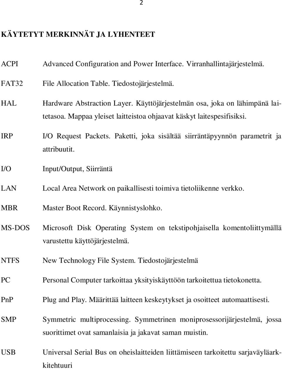 Paketti, joka sisältää siirräntäpyynnön parametrit ja attribuutit. Input/Output, Siirräntä Local Area Network on paikallisesti toimiva tietoliikenne verkko. Master Boot Record. Käynnistyslohko.