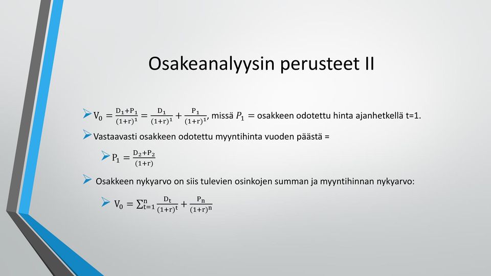 Vastaavasti osakkeen odotettu myyntihinta vuoden päästä = P 1 = D 2+P 2