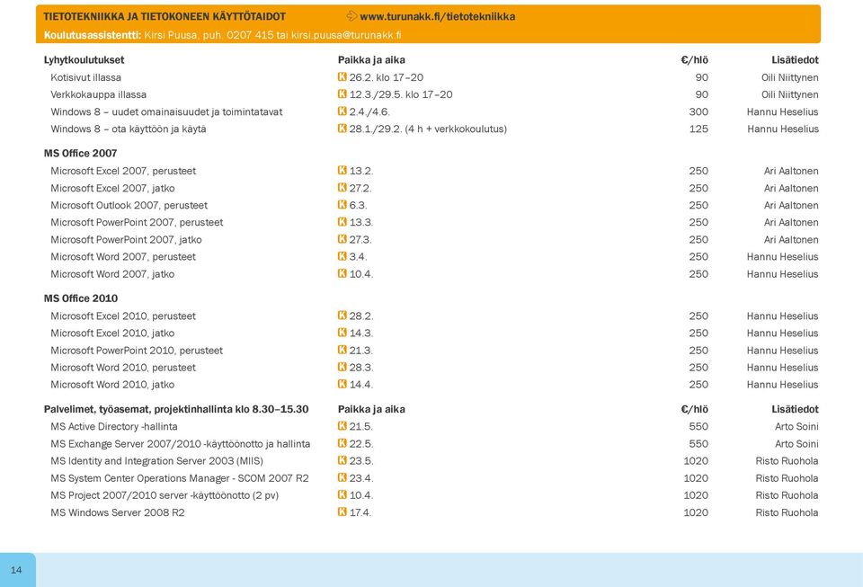 klo 17 20 90 Oili Niittynen Windows 8 uudet omainaisuudet ja toimintatavat K 2.4./4.6. 300 Hannu Heselius Windows 8 ota käyttöön ja käytä K 28.1./29.2. (4 h + verkkokoulutus) 125 Hannu Heselius MS Office 2007 Microsoft Excel 2007, perusteet K 13.