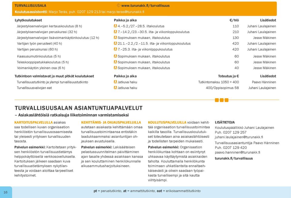 30.5. ilta- ja viikonloppukoulutus 210 Juhani Laulajainen Järjestyksenvalvojan lisävoimankäytönkoulutus (12 h) A Sopimuksen mukaan, iltakoulutus 130 Jesse Mäkinen Vartijan työn perusteet (40 h) A 21.