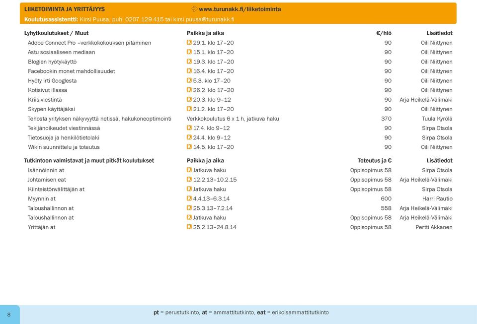 3. klo 17 20 90 Oili Niittynen Facebookin monet mahdollisuudet K 16.4. klo 17 20 90 Oili Niittynen Hyöty irti Googlesta K 5.3. klo 17 20 90 Oili Niittynen Kotisivut illassa K 26.2. klo 17 20 90 Oili Niittynen Kriisiviestintä K 20.