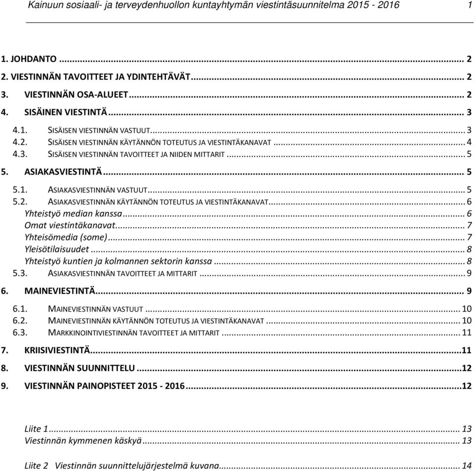 .. 5 5.2. ASIAKASVIESTINNÄN KÄYTÄNNÖN TOTEUTUS JA VIESTINTÄKANAVAT... 6 Yhteistyö median kanssa... 6 Omat viestintäkanavat... 7 Yhteisömedia (some)... 7 Yleisötilaisuudet.