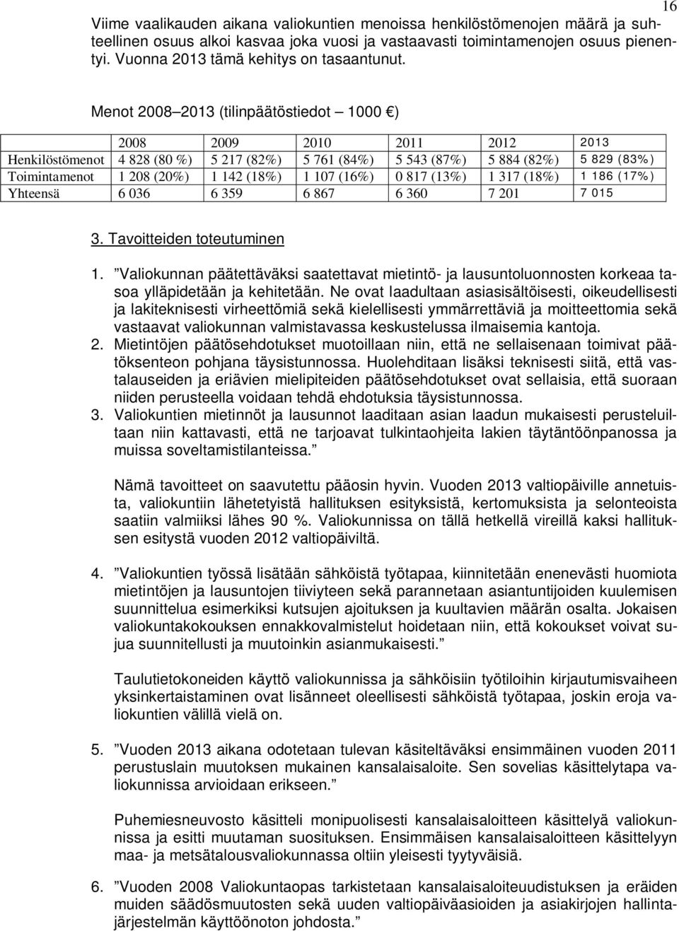 Menot 2008 2013 (tilinpäätöstiedot 1000 ) 2008 2009 2010 2011 2012 2013 Henkilöstömenot 4 828 (80 %) 5 217 (82%) 5 761 (84%) 5 543 (87%) 5 884 (82%) 5 829 (83%) Toimintamenot 1 208 (20%) 1 142 (18%)