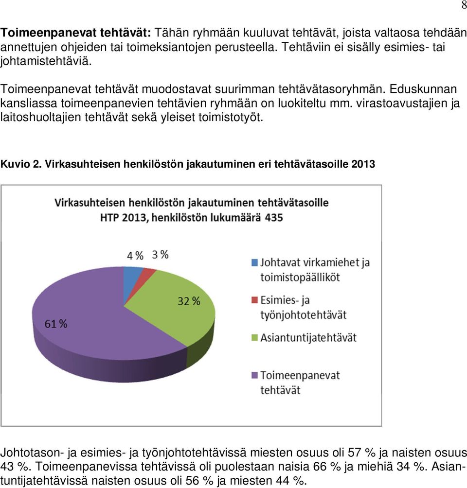 Eduskunnan kansliassa toimeenpanevien tehtävien ryhmään on luokiteltu mm. virastoavustajien ja laitoshuoltajien tehtävät sekä yleiset toimistotyöt. 8 Kuvio 2.