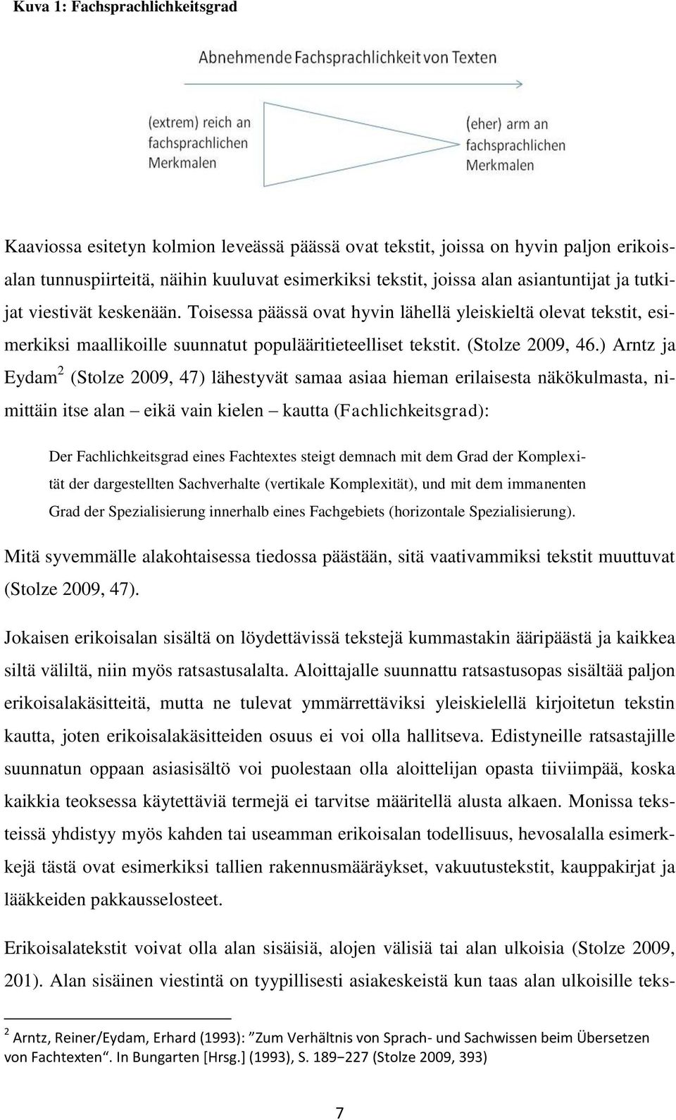) Arntz ja Eydam 2 (Stolze 2009, 47) lähestyvät samaa asiaa hieman erilaisesta näkökulmasta, nimittäin itse alan eikä vain kielen kautta (Fachlichkeitsgrad): Der Fachlichkeitsgrad eines Fachtextes
