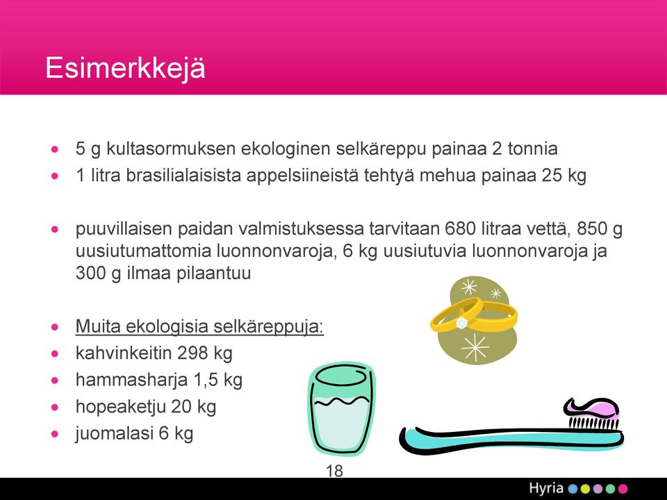 vettä, 850 g uusiutumattomia luonnonvaroja, 6 kg uusiutuvia luonnonvaroja ja 300 g ilmaa pilaantuu