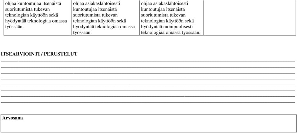 ohjaa asiakaslähtöisesti kuntoutujaa itsenäistä suoriutumista tukevan teknologian käyttöön sekä hyödyntää