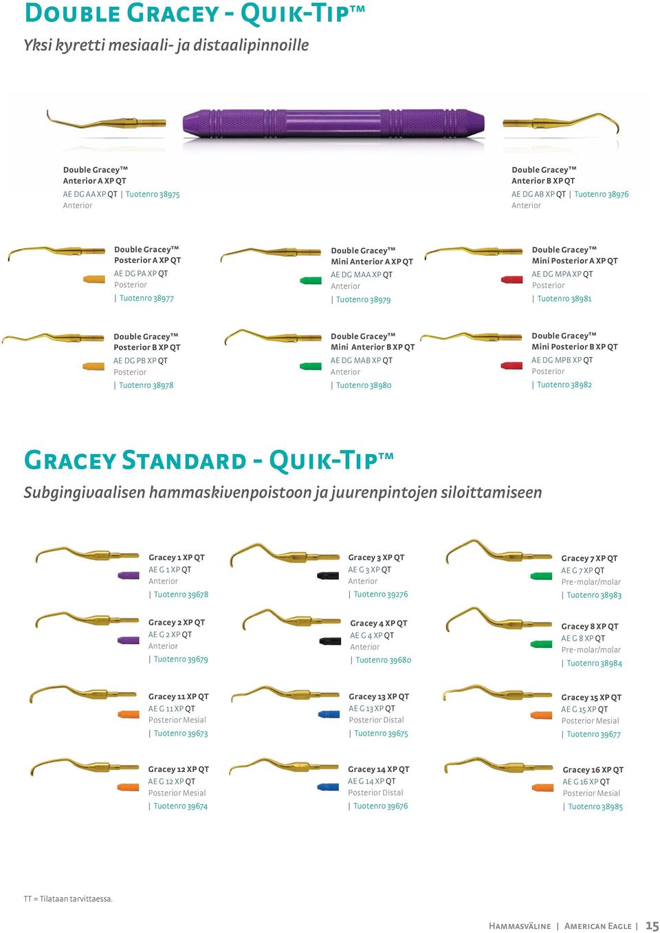 Double Gracey Mini B XP QT AE DG MAB XP QT Tuotenro 38980 Double Gracey Mini B XP QT AE DG MPB XP QT Tuotenro 38982 Gracey Standard - Quik-Tip Subgingivaalisen hammaskivenpoistoon ja juurenpintojen