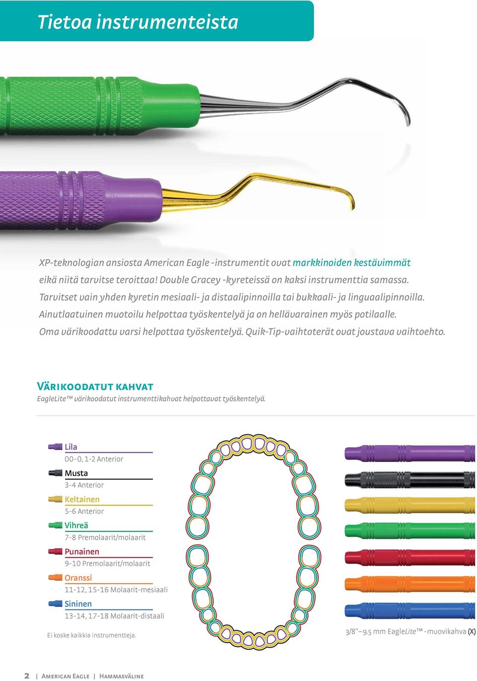 Oma värikoodattu varsi helpottaa työskentelyä. Quik-Tip-vaihtoterät ovat joustava vaihtoehto. Värikoodatut kahvat EagleLite värikoodatut instrumenttikahvat helpottavat työskentelyä.