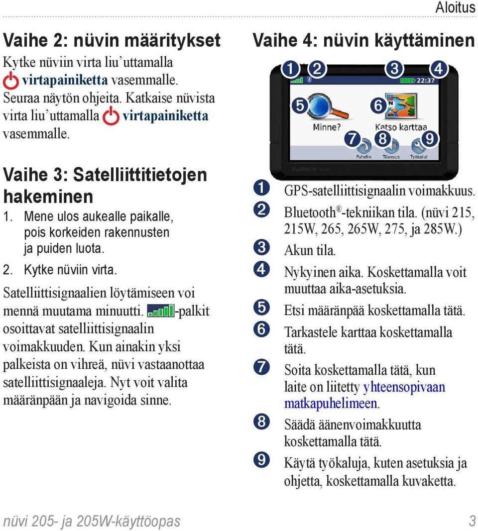 -palkit osoittavat satelliittisignaalin voimakkuuden. Kun ainakin yksi palkeista on vihreä, nüvi vastaanottaa satelliittisignaaleja. Nyt voit valita määränpään ja navigoida sinne.