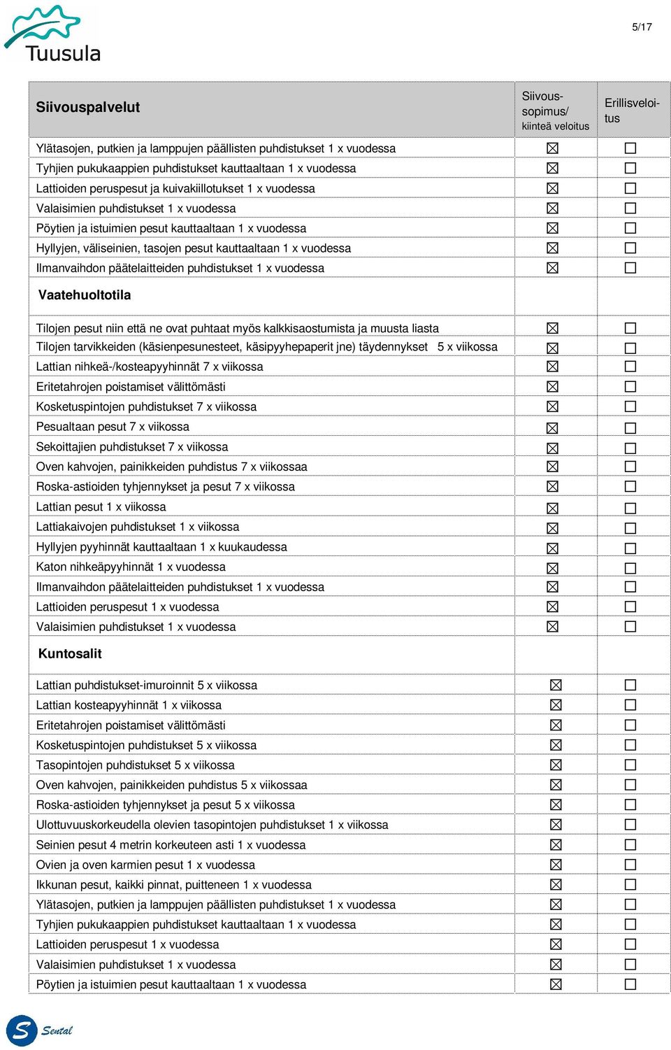 tarvikkeiden (käsienpesunesteet, käsipyyhepaperit jne) täydennykset 5 x viikossa Lattian nihkeä-/kosteapyyhinnät 7 x viikossa Kosketuspintojen puhdistukset 7 x viikossa Pesualtaan pesut 7 x viikossa