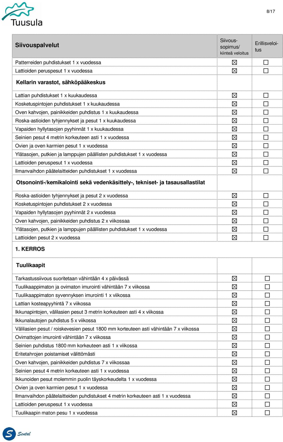 sekä vedenkäsittely-, tekniset- ja tasausallastilat Roska-astioiden tyhjennykset ja pesut 2 x vuodessa Kosketuspintojen puhdistukset 2 x vuodessa Vapaiden hyllytasojen pyyhinnät 2 x vuodessa Oven