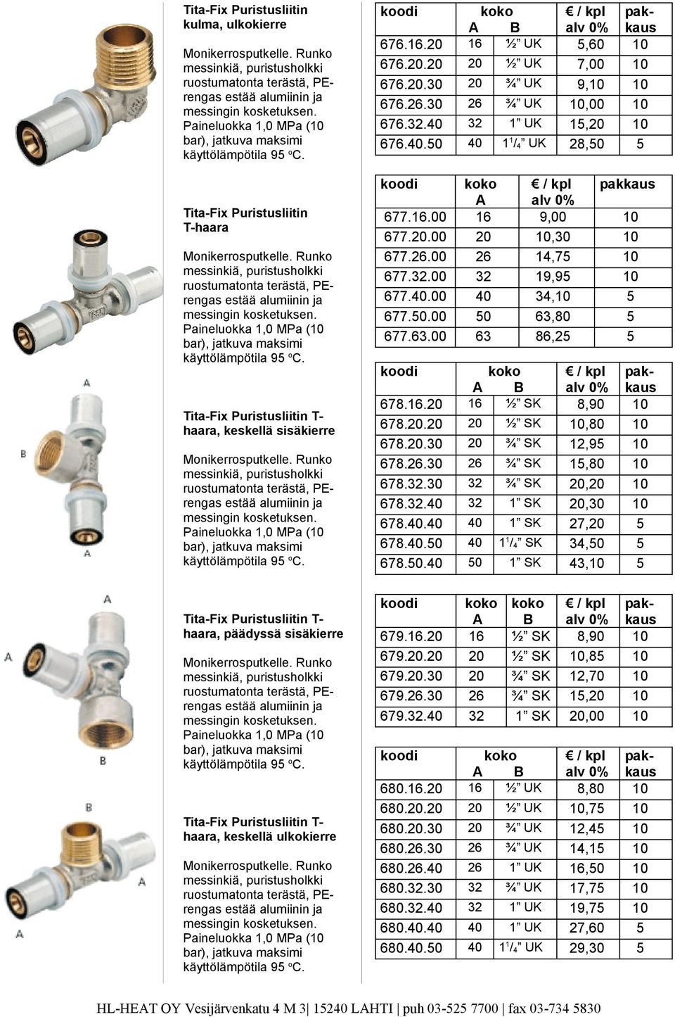 Tita-Fix Puristusliitin Thaara, päädyssä sisäkierre Paineluokka,0 MPa ( käyttölämpötila 9 oc. Tita-Fix Puristusliitin Thaara, keskellä ulkokierre Paineluokka,0 MPa ( käyttölämpötila 9 oc.