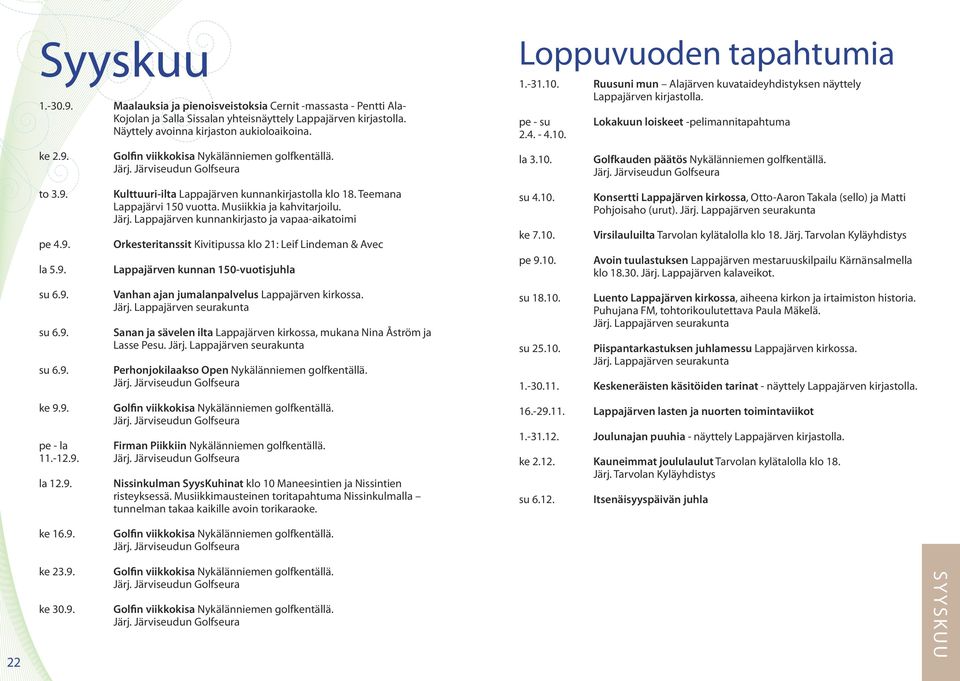 Lappajärven kunnankirjasto ja vapaa-aikatoimi Orkesteritanssit Kivitipussa klo 21: Leif Lindeman & Avec Lappajärven kunnan 150-vuotisjuhla Vanhan ajan jumalanpalvelus Lappajärven kirkossa. Järj.