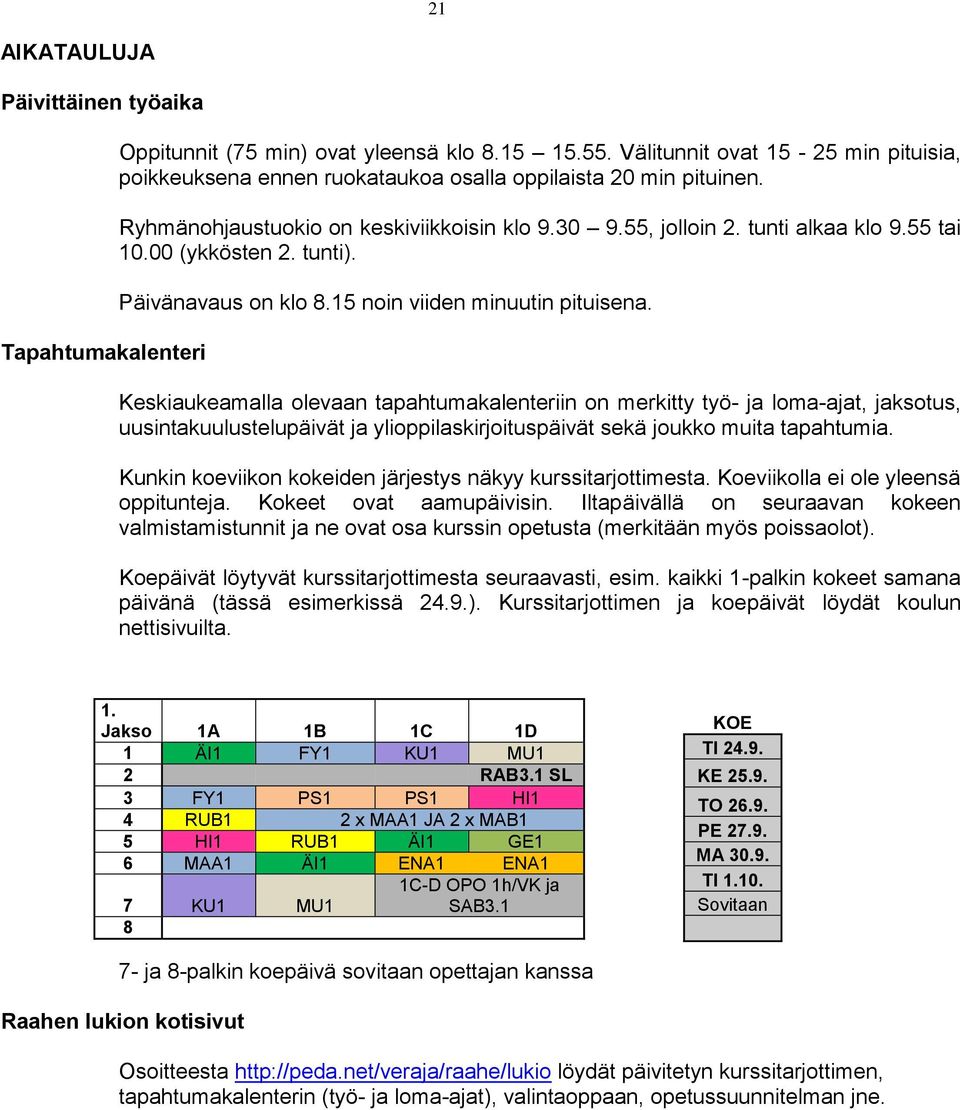 00 (ykkösten 2. tunti). Päivänavaus on klo 8.15 noin viiden minuutin pituisena.