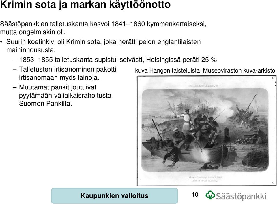 1853 1855 talletuskanta supistui selvästi, Helsingissä peräti 25 % Talletusten irtisanominen pakotti kuva Hangon