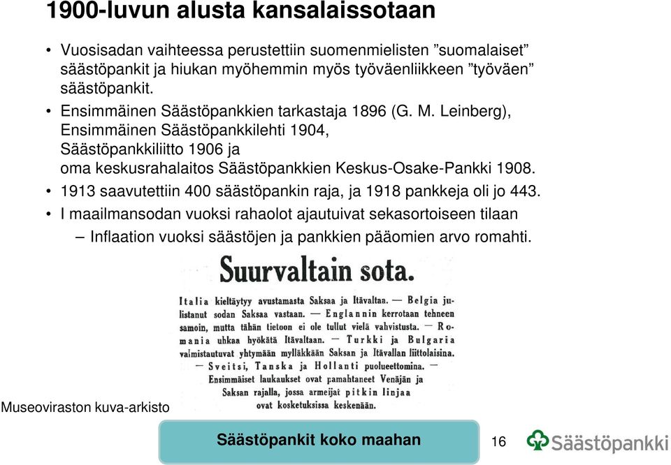 Leinberg), Ensimmäinen Säästöpankkilehti 1904, Säästöpankkiliitto 1906 ja oma keskusrahalaitos Säästöpankkien Keskus-Osake-Pankki 1908.