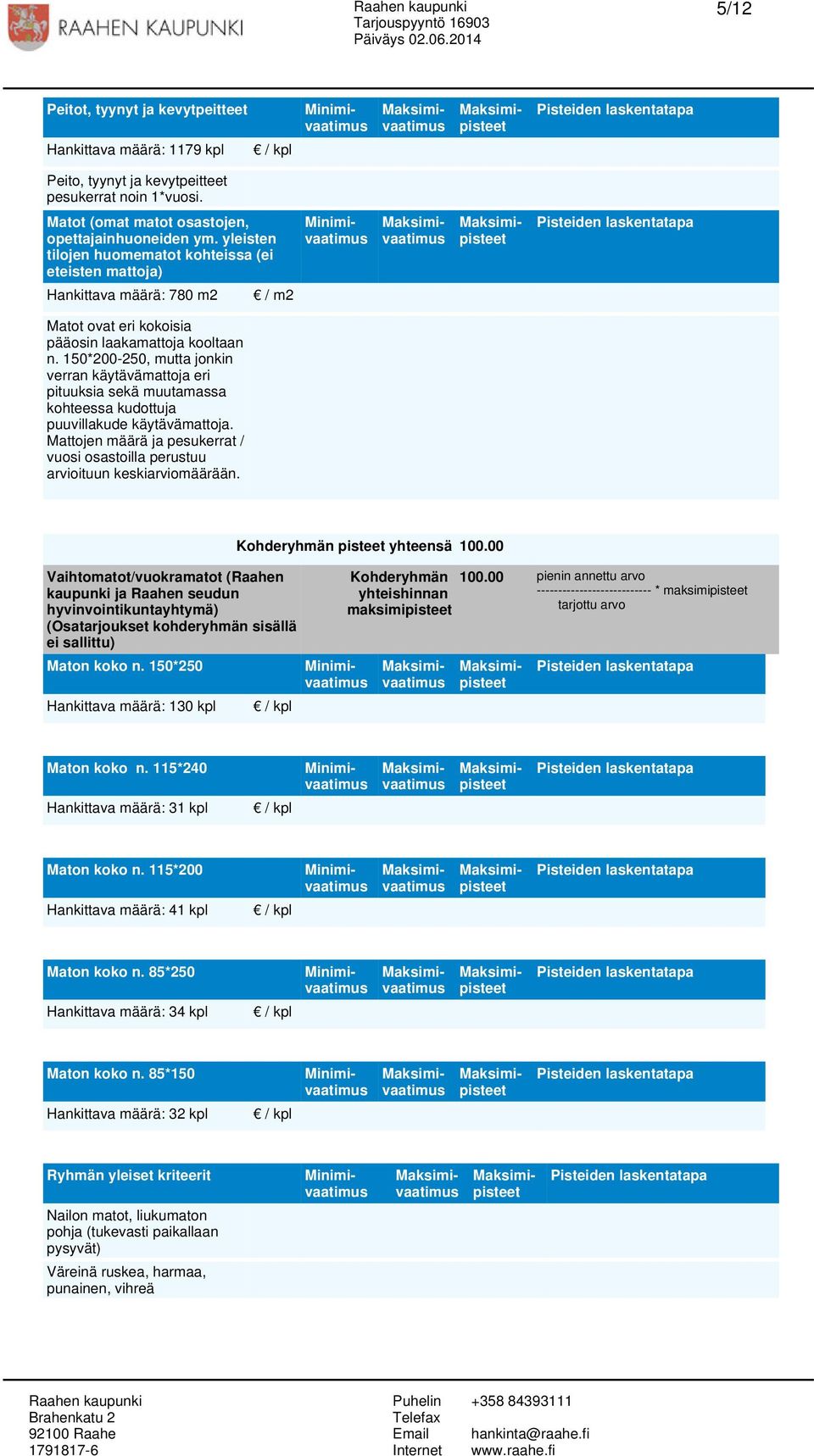 150*200-250, mutta jonkin verran käytävämattoja eri pituuksia sekä muutamassa kohteessa kudottuja puuvillakude käytävämattoja.