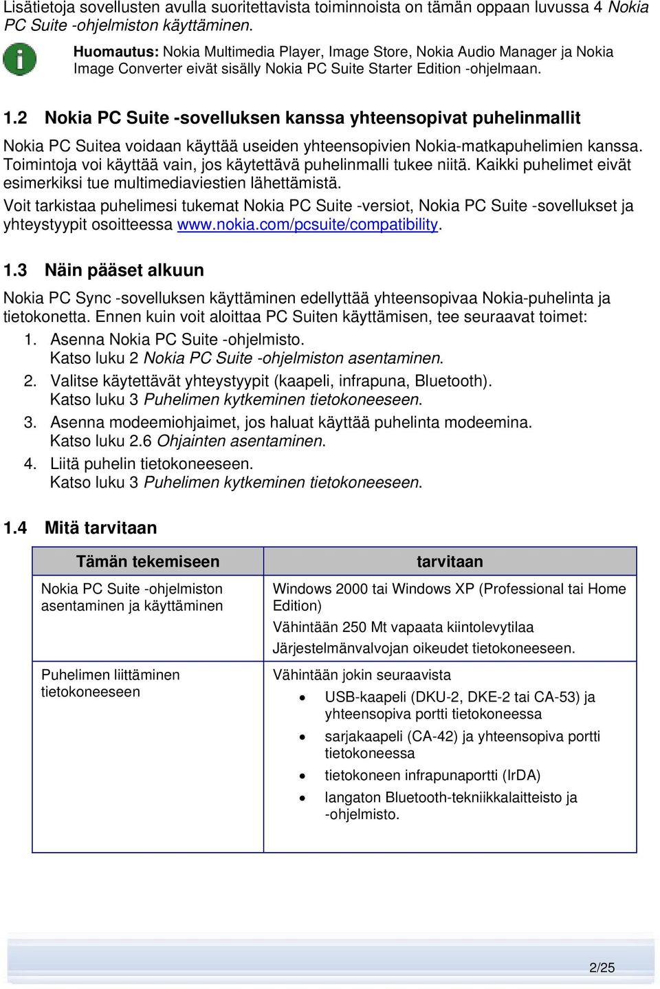 2 Nokia PC Suite -sovelluksen kanssa yhteensopivat puhelinmallit Nokia PC Suitea voidaan käyttää useiden yhteensopivien Nokia-matkapuhelimien kanssa.