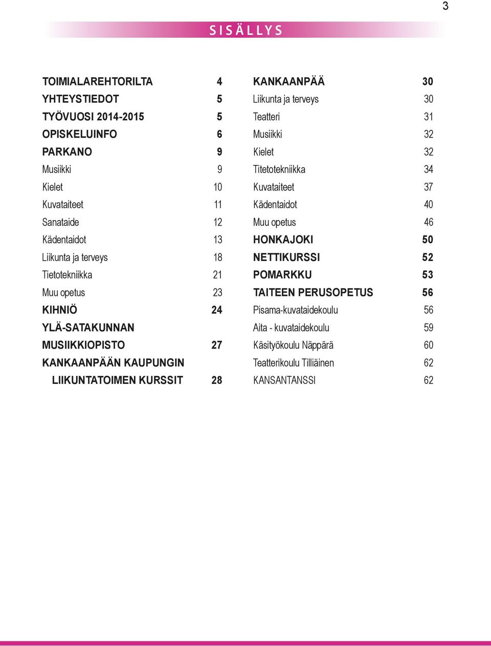 KANKAANPÄÄ 30 Liikunta ja terveys 30 Teatteri 31 Musiikki 32 Kielet 32 Titetotekniikka 34 Kuvataiteet 37 Kädentaidot 40 Muu opetus 46 HONKAJOKI 50
