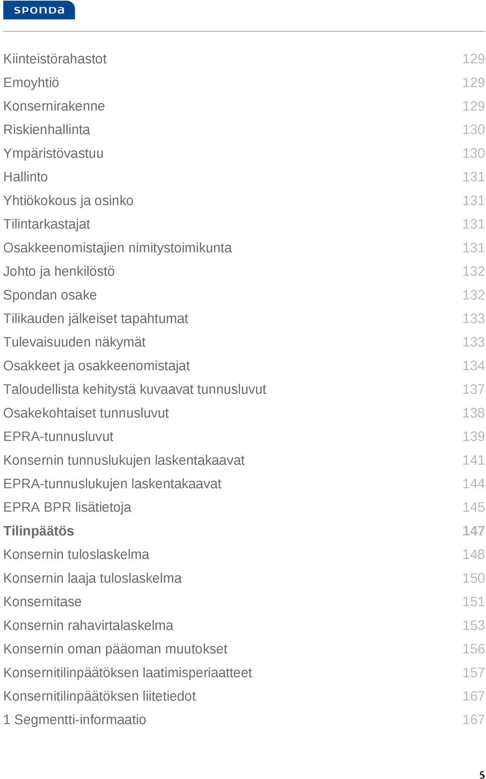 tunnusluvut 138 EPRA-tunnusluvut 139 Konsernin tunnuslukujen laskentakaavat 141 EPRA-tunnuslukujen laskentakaavat 144 EPRA BPR lisätietoja 145 Tilinpäätös 147 Konsernin tuloslaskelma 148 Konsernin