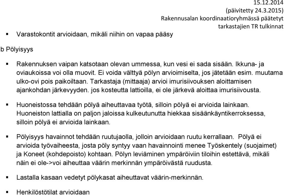 jos kosteutta lattioilla, ei ole järkevä aloittaa imurisiivousta. Huoneistossa tehdään pölyä aiheuttavaa työtä, silloin pölyä ei arvioida lainkaan.