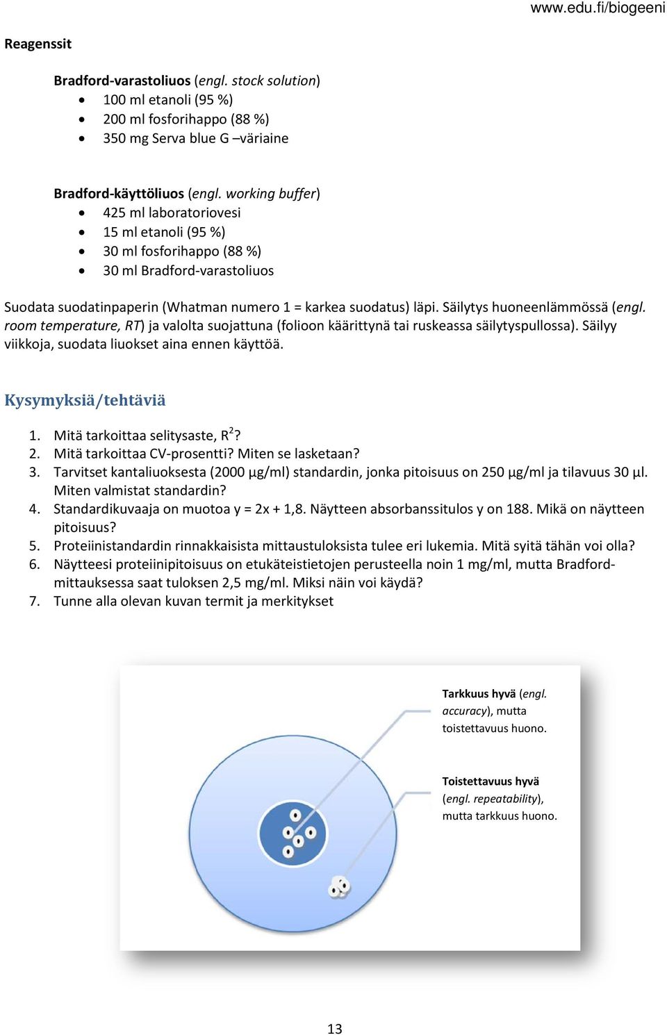 Säilytys huoneenlämmössä (engl. room temperature, RT) ja valolta suojattuna (folioon käärittynä tai ruskeassa säilytyspullossa). Säilyy viikkoja, suodata liuokset aina ennen käyttöä.