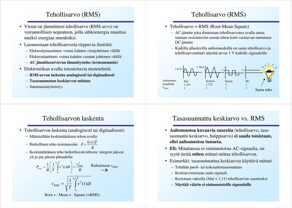 Elektroniikan aulla toteutettaia menetelmiä: MS-aron laskenta analogisesti tai digitaalisesti asasuunnatun keskiaron mittaus Satunnaisnäytteistys ehollisaro (MS) ehollisaro = MS (oot-mean-square)