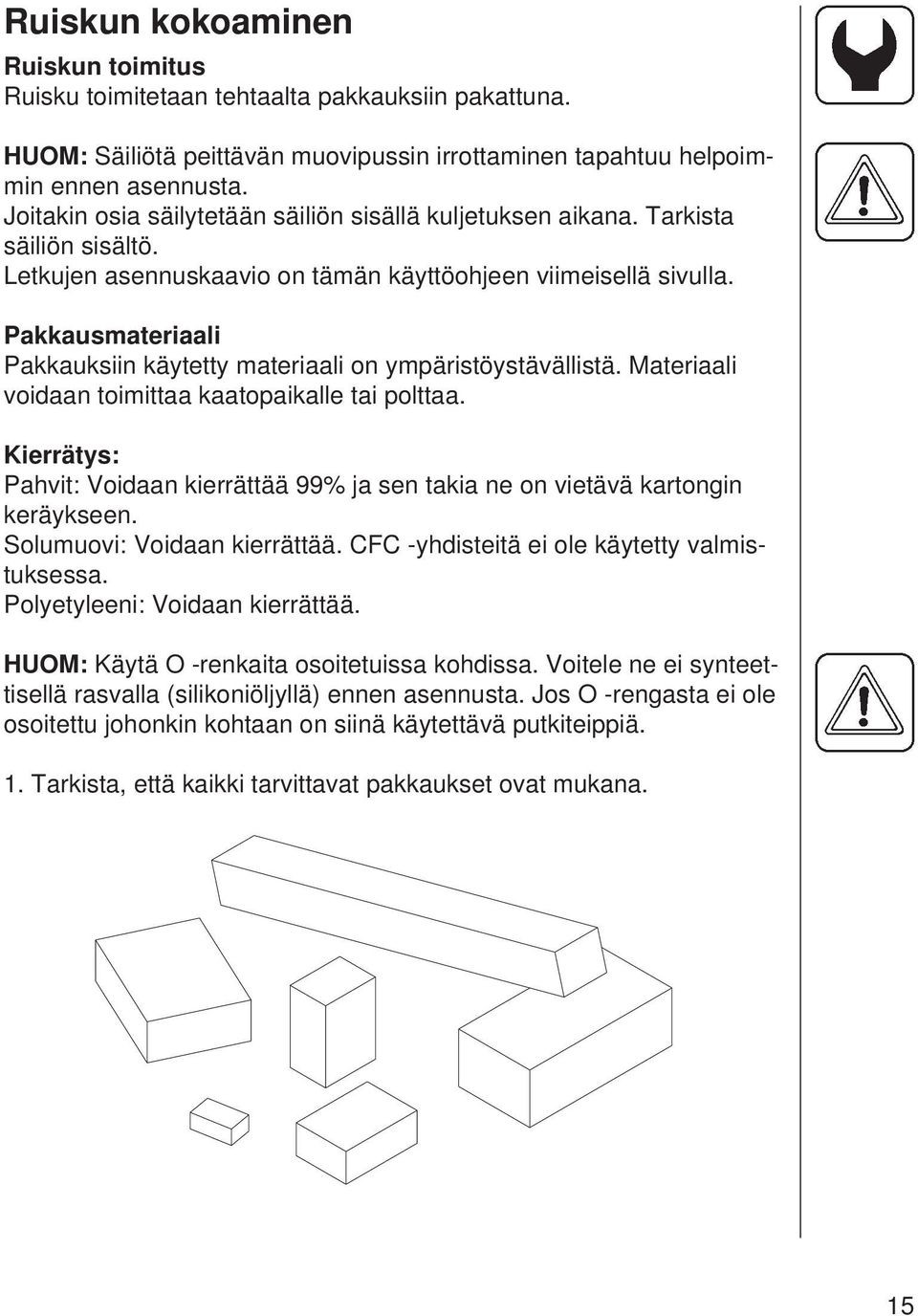 Pakkausmateriaali Pakkauksiin käytetty materiaali on ympäristöystävällistä. Materiaali voidaan toimittaa kaatopaikalle tai polttaa.